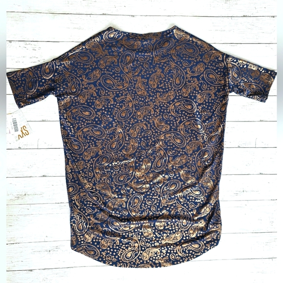 NEW Elegant Lularoe Navy Blue & Gold Shimmer Shiny Irma Paisley Print Stretchy - Picture 2 of 8